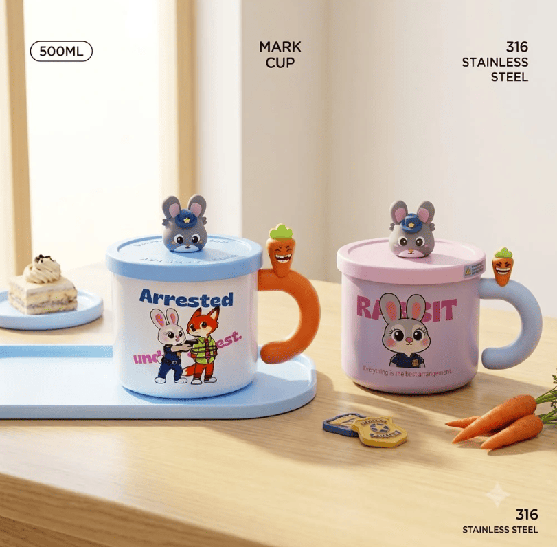 Zootopia Inspired 500ml Stainless Steel Insulated Mug with Lid | Cute Cartoon Coffee Cup for Hot & Cold Drinks