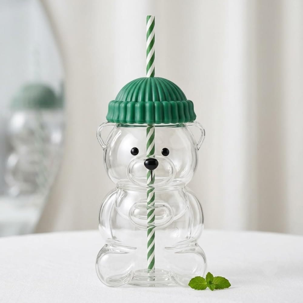 Cute Bear Tumbler with Green Lid & Reusable Straw – Clear Drinking Cup for Coffee, Milk, Juice & Cold Beverages