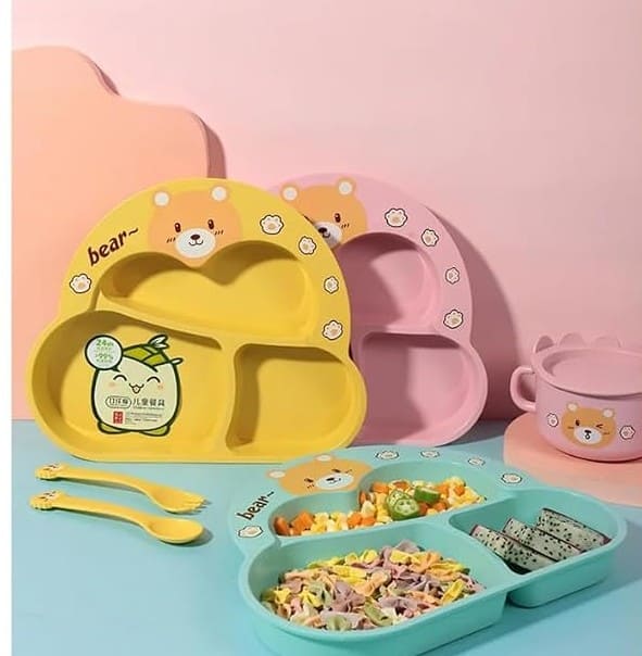 Toddler Plate and Bowl Set Cutlery Cup and Plate Divided Baby Dinner Plate Bamboo Kids Food Plate Microwave Dishwasher Safe Cute Bear Shaped Cartoon Self Feeding Plate for Kids