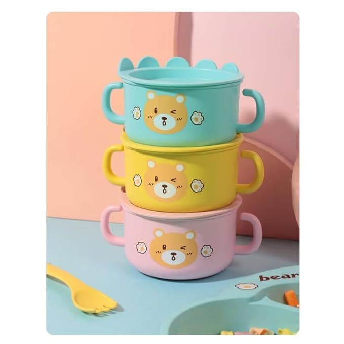 Toddler Plate and Bowl Set Cutlery Cup and Plate Divided Baby Dinner Plate Bamboo Kids Food Plate Microwave Dishwasher Safe Cute Bear Shaped Cartoon Self Feeding Plate for Kids