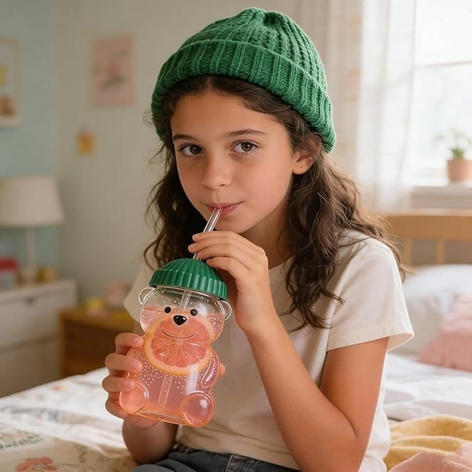 Cute Bear Tumbler with Green Lid & Reusable Straw – Clear Drinking Cup for Coffee, Milk, Juice & Cold Beverages