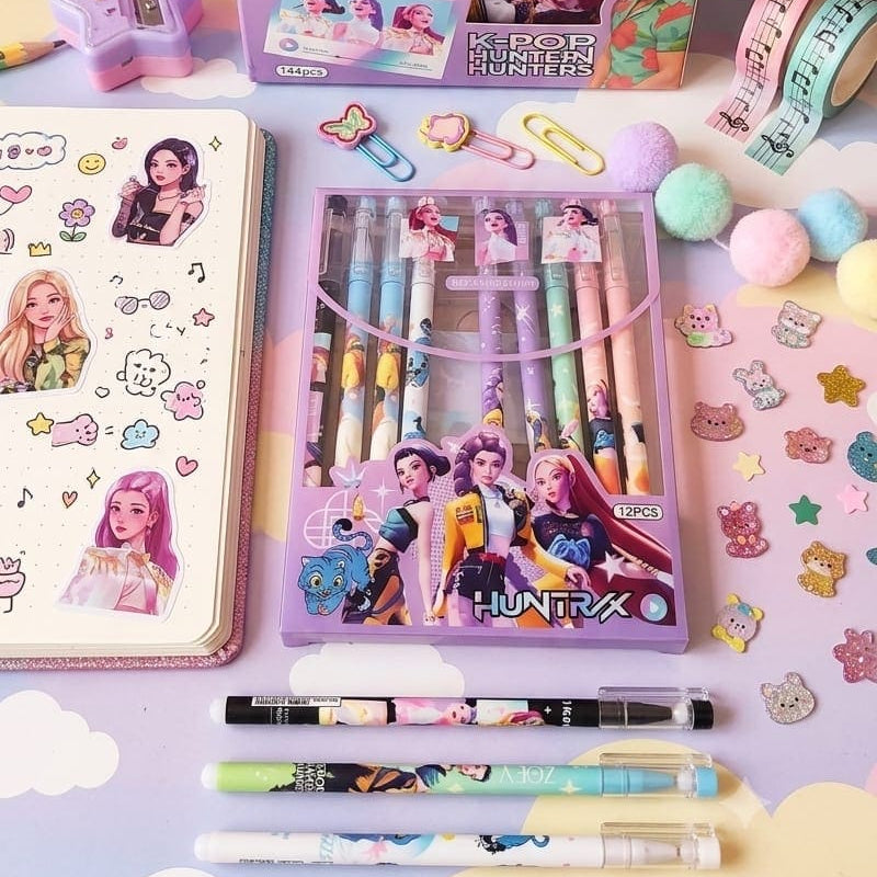 K-Pop Hunters Erasable Pens Set – 12 Pcs Cute K-Pop Gel Pens, 0.5mm Refillable Erasable Writing Pens for School, College & Stationery Lovers