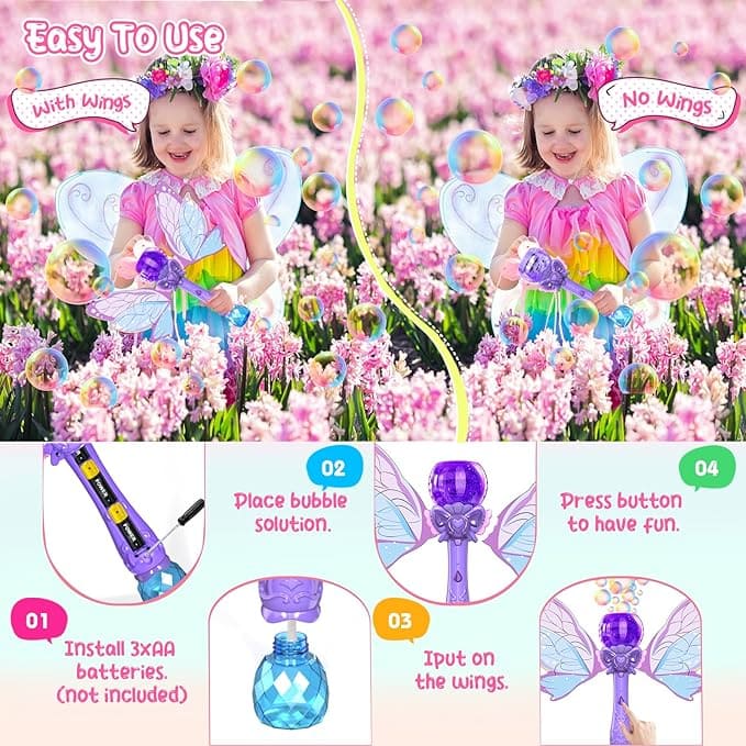 Butterfly Light Up Bubble Wand for Kids | LED Fairy Bubble Wand Toy with Wings
