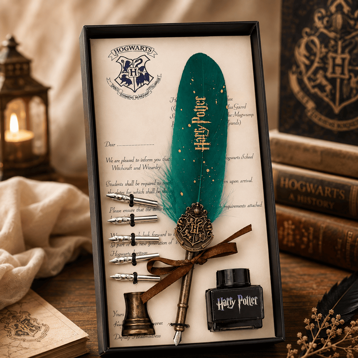 Harry Potter Feather Quill Pen Set with Hogwarts Crest, Ink Bottle & Nibs | Magical Wizard Writing Gift Set