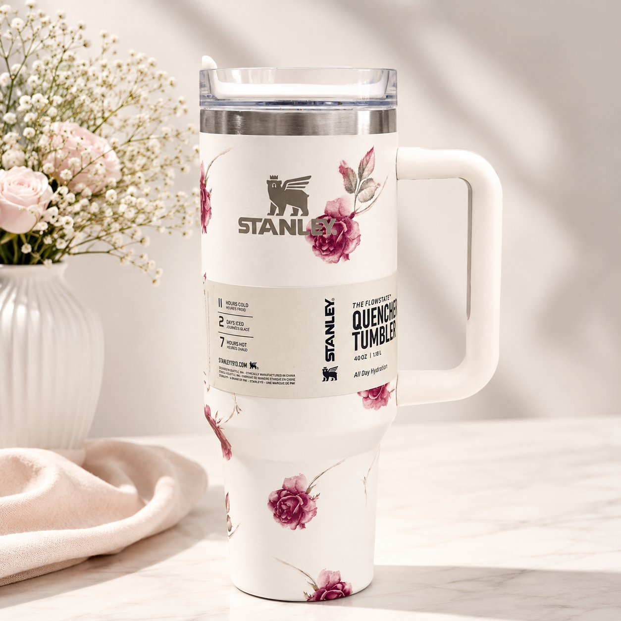 Floral Stanley 40 Oz-White