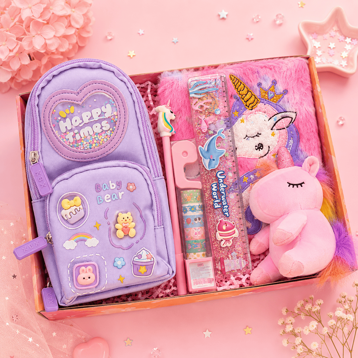 Unicorn Rakhi Gift Hamper for Kids | Cute Stationery Gift Box for Girls with Plush Toy, Diary & Pencil Pouch