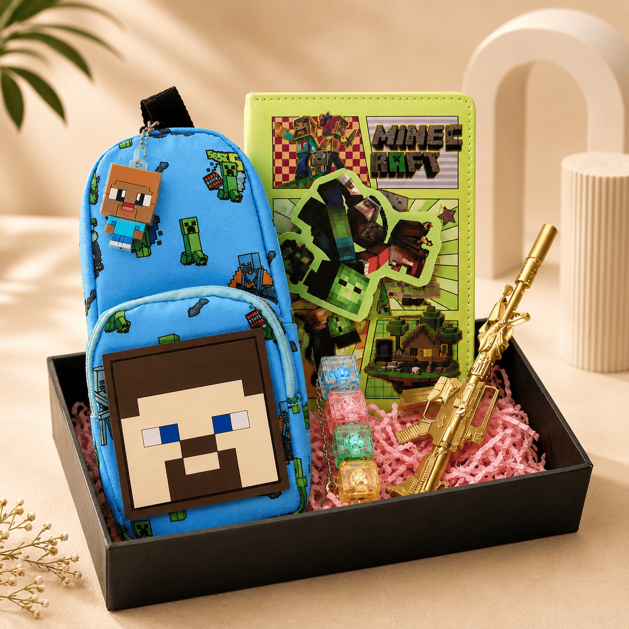 Minecraft Gift Set for Kids | Pouch, Notebook, Keychain & Toy Gun | Minecraft-Themed Gift Hamper