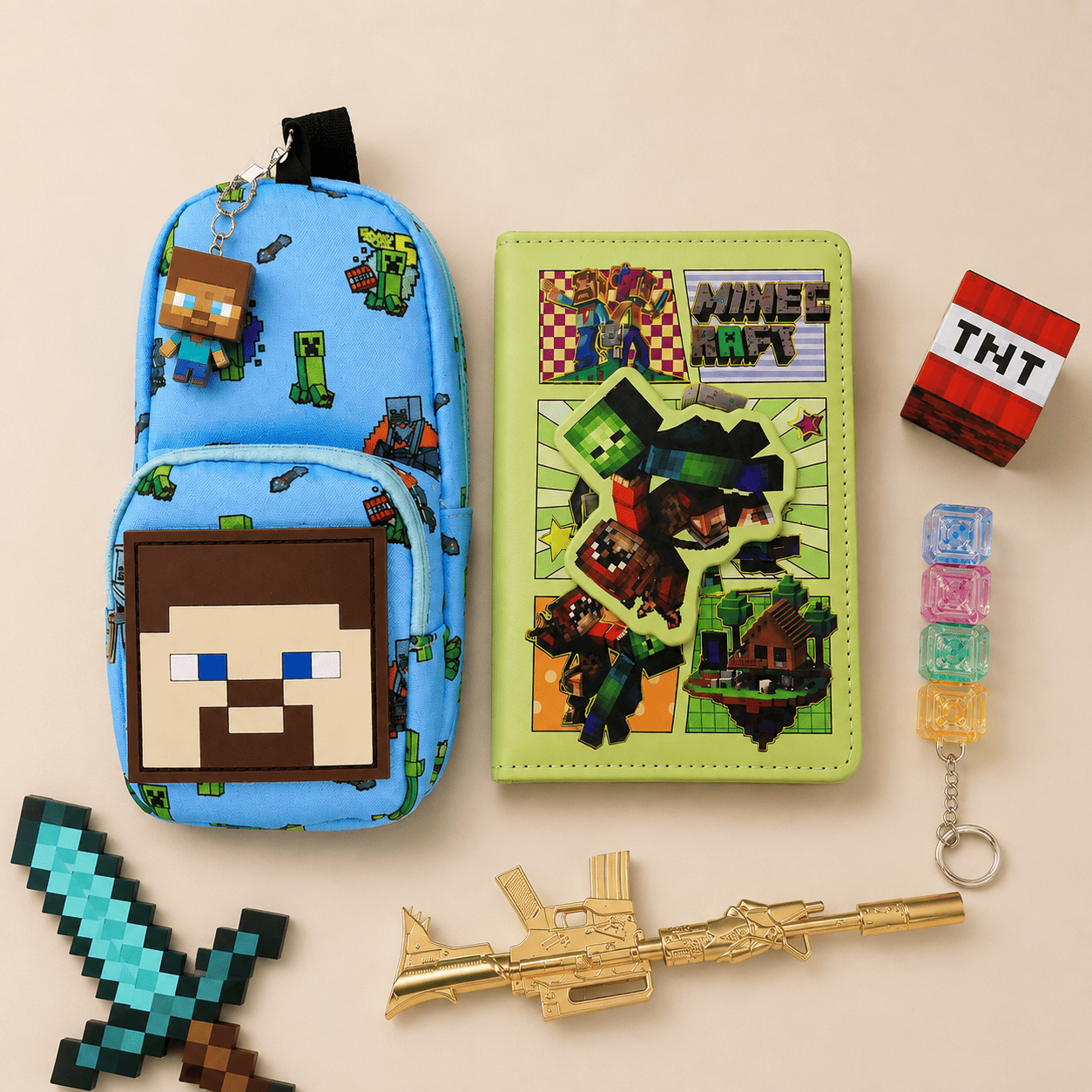 Minecraft Gift Set for Kids | Pouch, Notebook, Keychain & Toy Gun | Minecraft-Themed Gift Hamper
