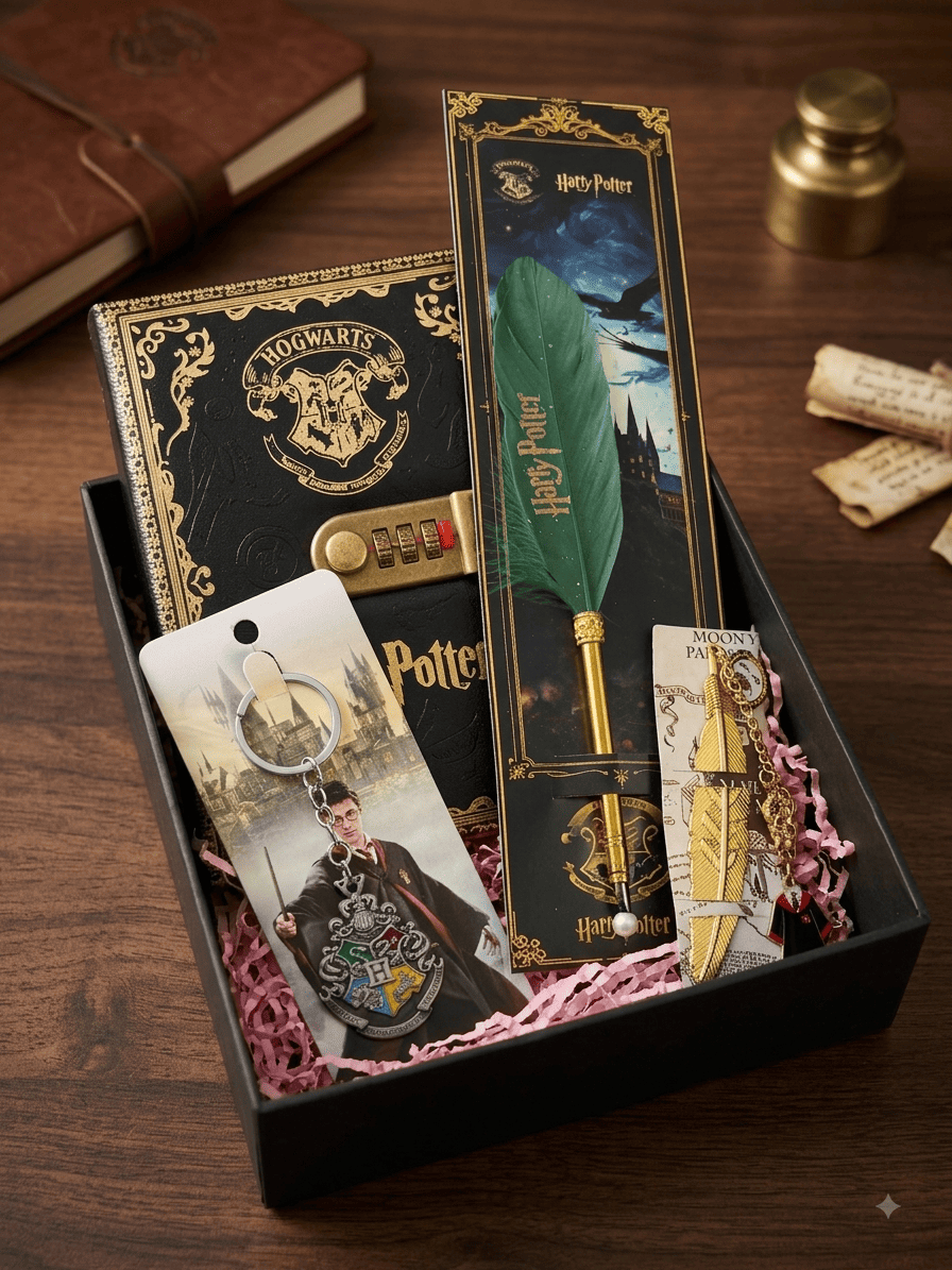 Official Harry Potter Gift Set – Hogwarts Lock Journal, Feather Pen, Keychain & Bookmark Box