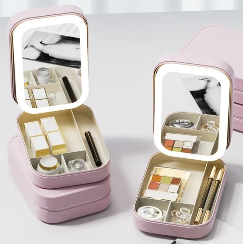 Portable Makeup Storage Box with LED Light Mirror – Travel Cosmetic Organizer with 3 Light Modes