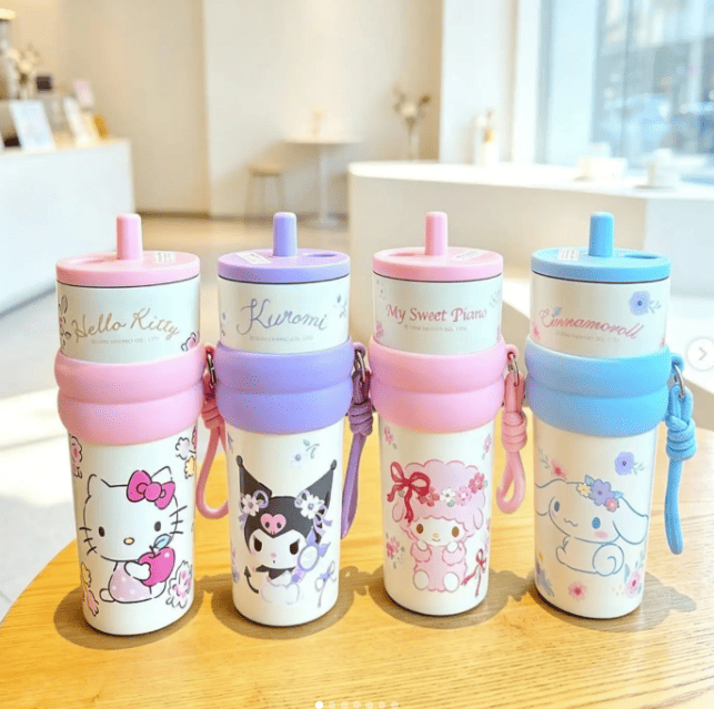 Cute Sanrio Stainless Steel Water Bottle with Straw | Hello Kitty, Kuromi & Cinnamoroll Sipper Bottle with Handle | Kids Water Bottle