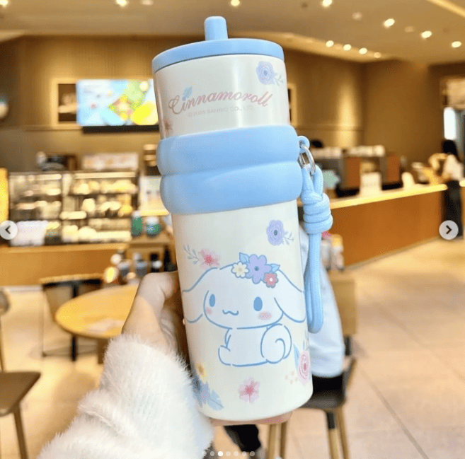 Cute Sanrio Stainless Steel Water Bottle with Straw | Hello Kitty, Kuromi & Cinnamoroll Sipper Bottle with Handle | Kids Water Bottle