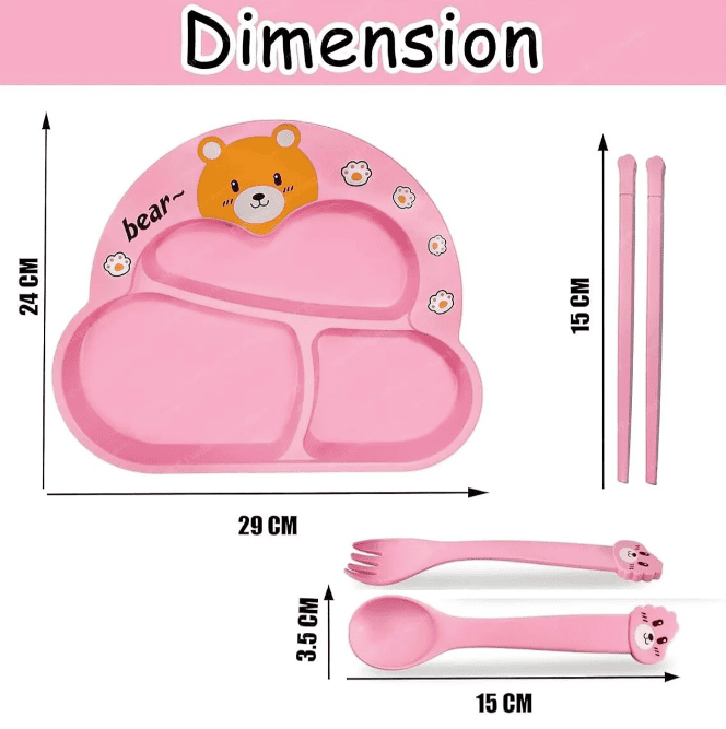 Toddler Plate and Bowl Set Cutlery Cup and Plate Divided Baby Dinner Plate Bamboo Kids Food Plate Microwave Dishwasher Safe Cute Bear Shaped Cartoon Self Feeding Plate for Kids