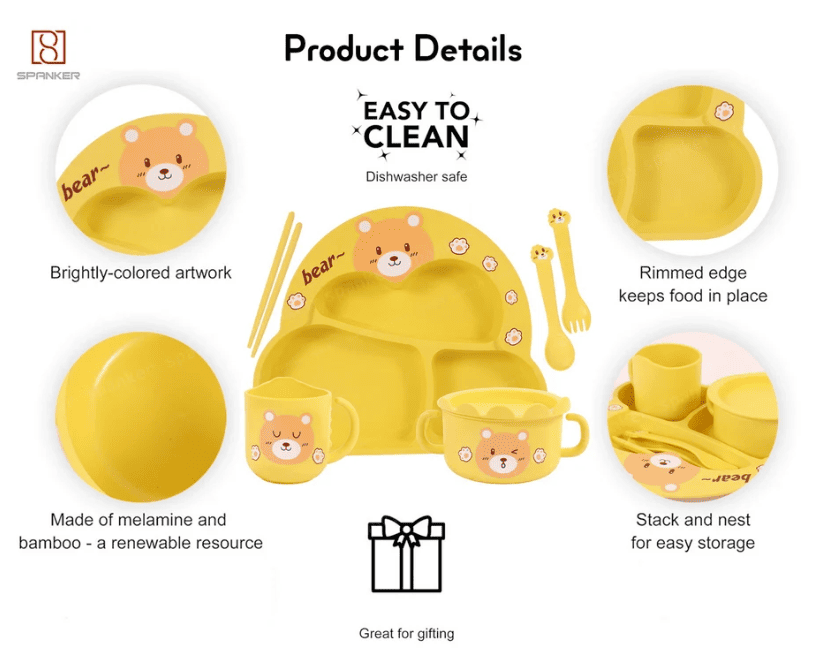 Toddler Plate and Bowl Set Cutlery Cup and Plate Divided Baby Dinner Plate Bamboo Kids Food Plate Microwave Dishwasher Safe Cute Bear Shaped Cartoon Self Feeding Plate for Kids