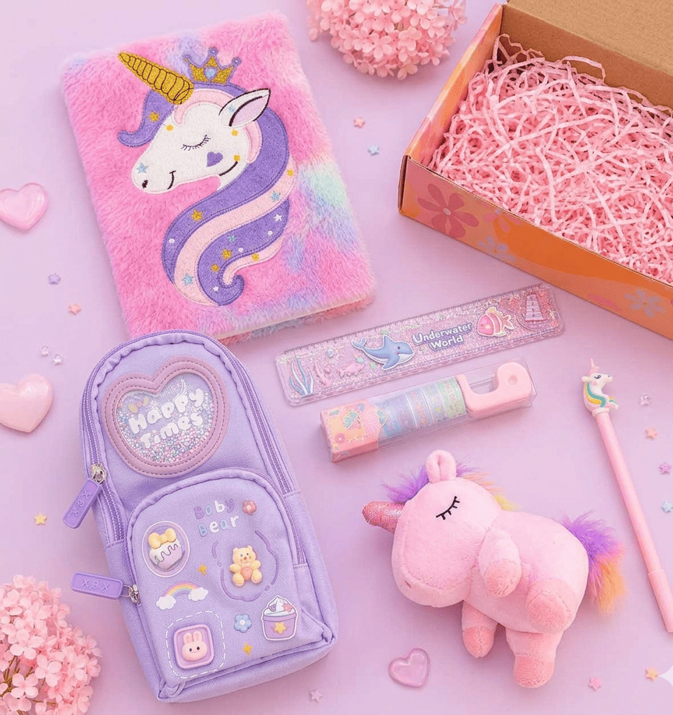 Unicorn Rakhi Gift Hamper for Kids | Cute Stationery Gift Box for Girls with Plush Toy, Diary & Pencil Pouch