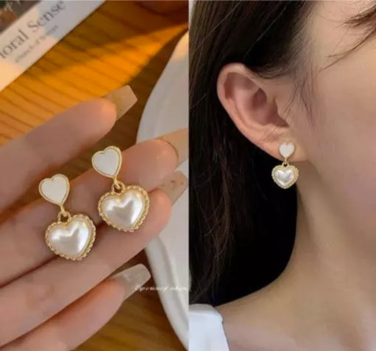 Korean Style Pearl Heart Earrings