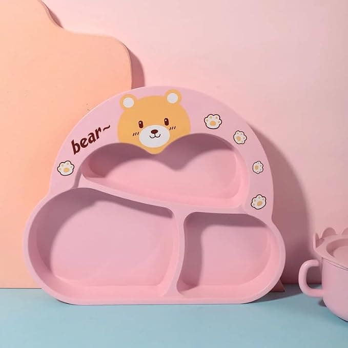 Toddler Plate and Bowl Set Cutlery Cup and Plate Divided Baby Dinner Plate Bamboo Kids Food Plate Microwave Dishwasher Safe Cute Bear Shaped Cartoon Self Feeding Plate for Kids