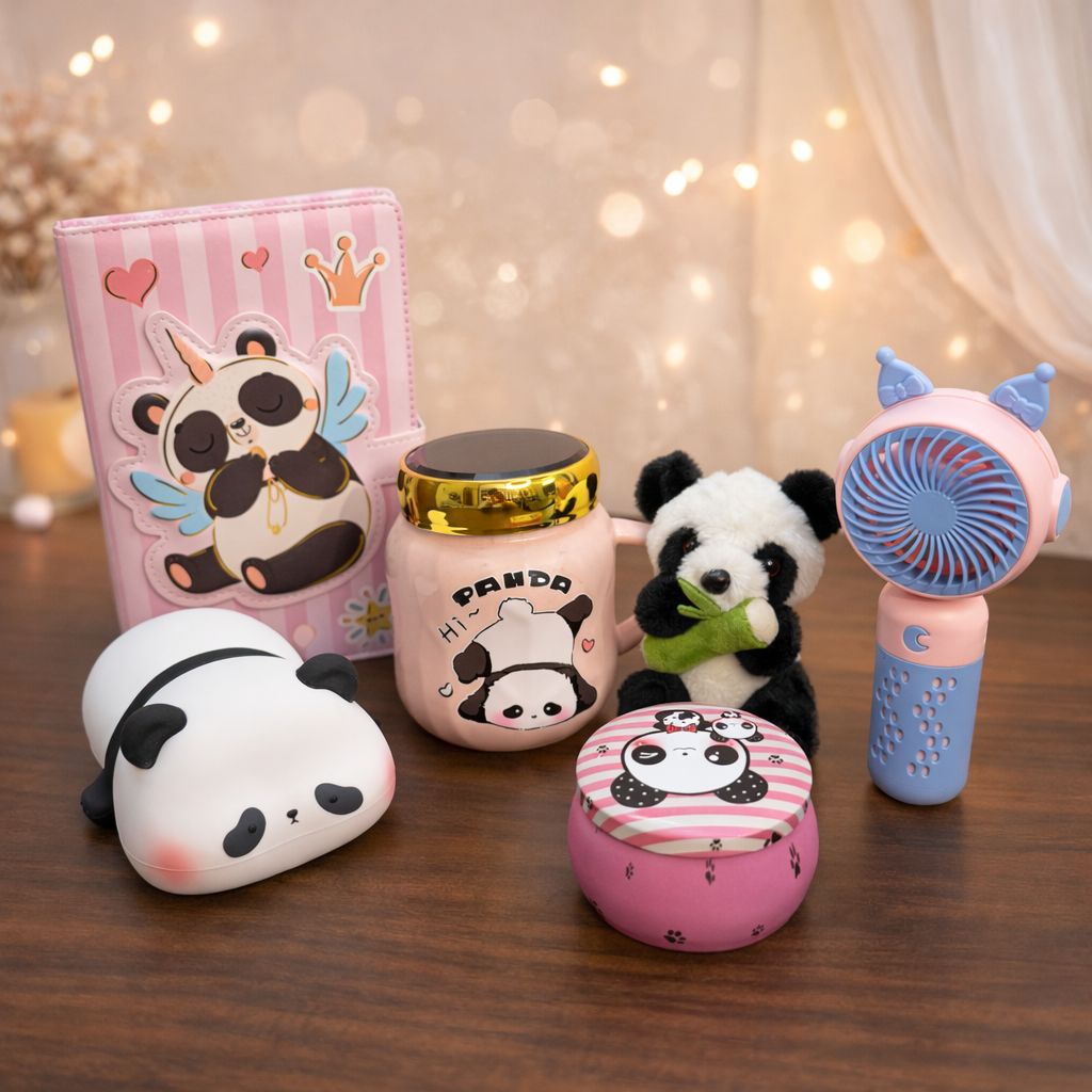 Panda Kawaii Gift Set – Notebook, Mug with Lid, Mini Fan, Plush Keychain & Storage Box