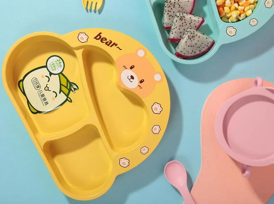 Toddler Plate and Bowl Set Cutlery Cup and Plate Divided Baby Dinner Plate Bamboo Kids Food Plate Microwave Dishwasher Safe Cute Bear Shaped Cartoon Self Feeding Plate for Kids