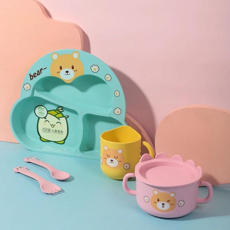 Toddler Plate and Bowl Set Cutlery Cup and Plate Divided Baby Dinner Plate Bamboo Kids Food Plate Microwave Dishwasher Safe Cute Bear Shaped Cartoon Self Feeding Plate for Kids