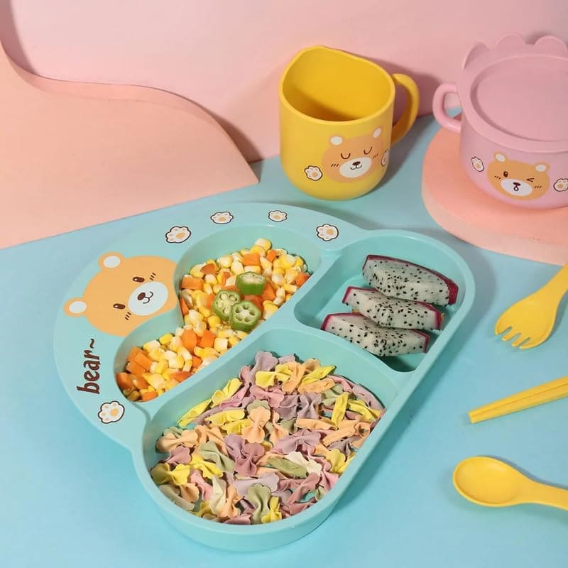 Toddler Plate and Bowl Set Cutlery Cup and Plate Divided Baby Dinner Plate Bamboo Kids Food Plate Microwave Dishwasher Safe Cute Bear Shaped Cartoon Self Feeding Plate for Kids