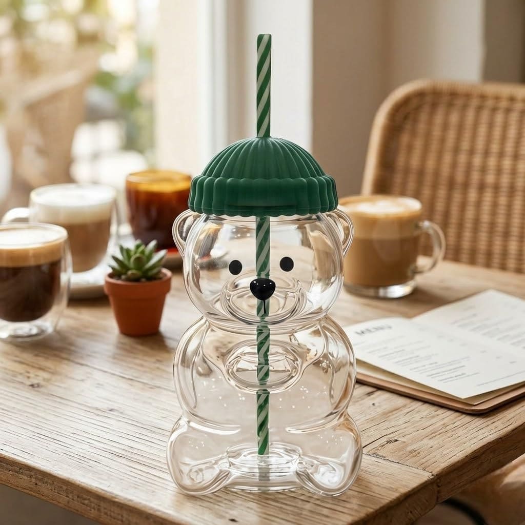 Cute Bear Tumbler with Green Lid & Reusable Straw – Clear Drinking Cup for Coffee, Milk, Juice & Cold Beverages