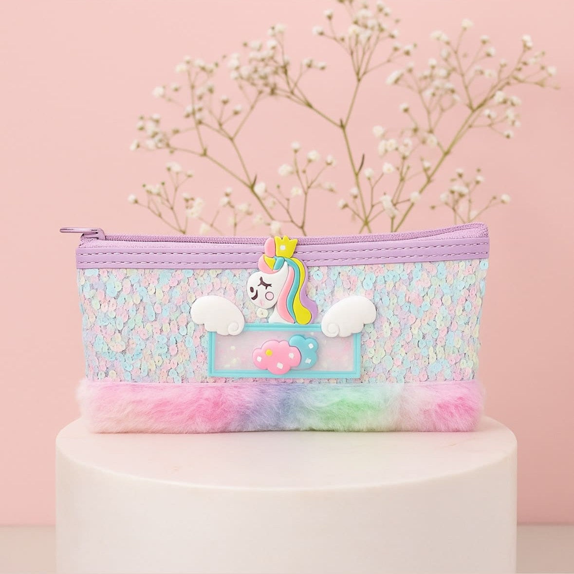 Unicorn Sequin Pencil Pouch with Soft Fur
