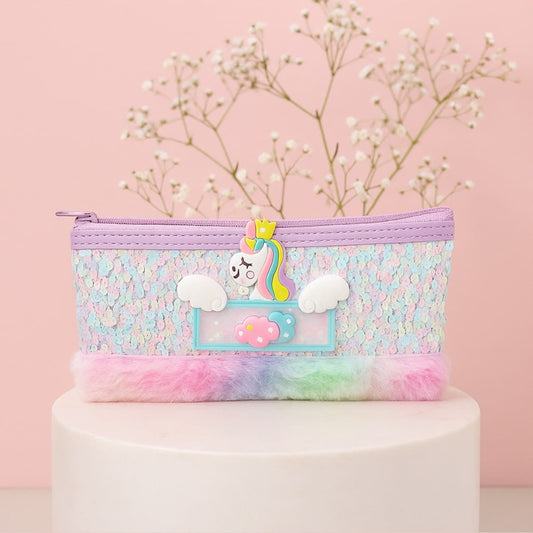 Unicorn Sequin Pencil Pouch with Soft Fur