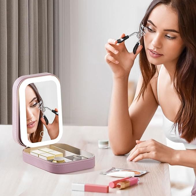 Portable Makeup Storage Box with LED Light Mirror – Travel Cosmetic Organizer with 3 Light Modes