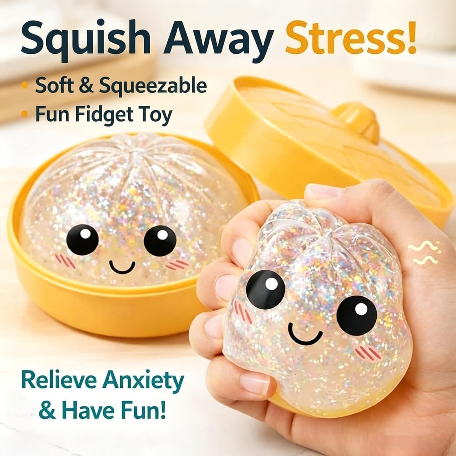 Mystery Dumpling Glittery Squishy Stress Relief Toy for Kids & Adult (Random)