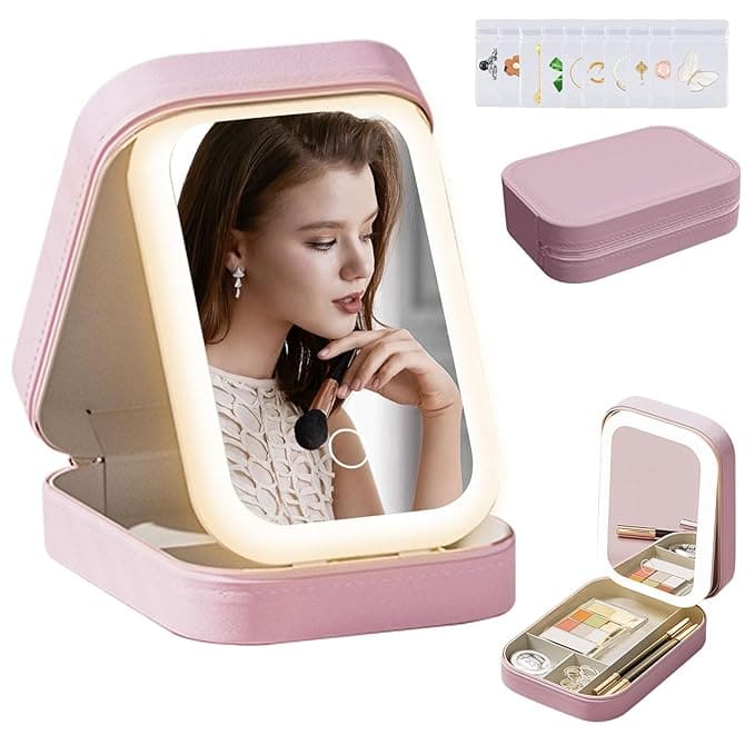 Portable Makeup Storage Box with LED Light Mirror – Travel Cosmetic Organizer with 3 Light Modes