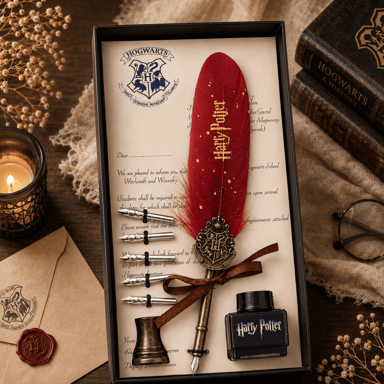 Harry Potter Feather Quill Pen Set with Hogwarts Crest, Ink Bottle & Nibs | Magical Wizard Writing Gift Set