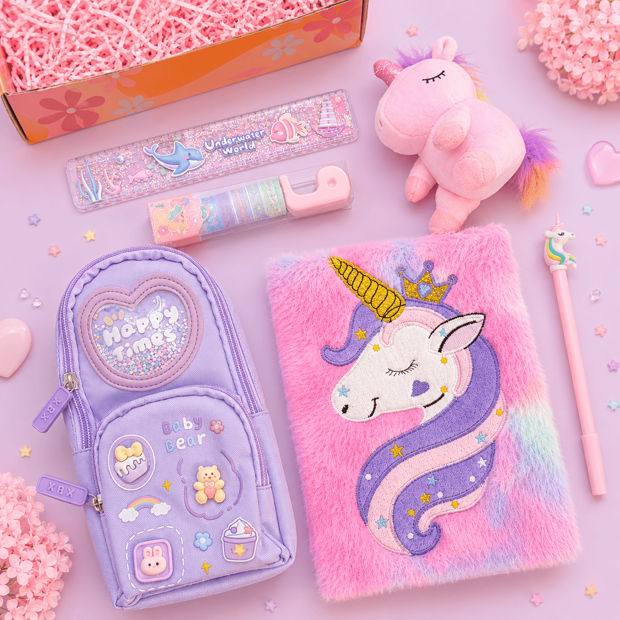 Unicorn Rakhi Gift Hamper for Kids | Cute Stationery Gift Box for Girls with Plush Toy, Diary & Pencil Pouch