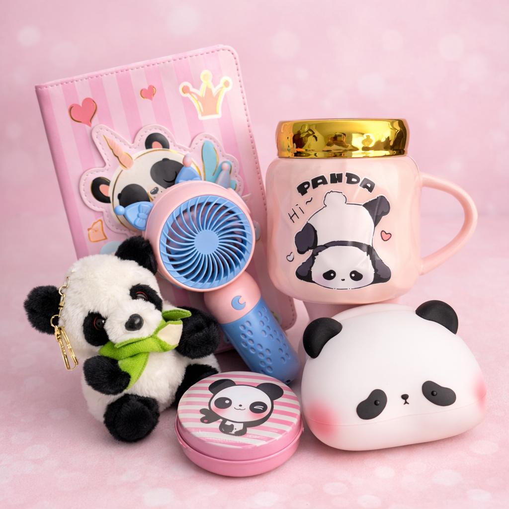 Panda Kawaii Gift Set – Notebook, Mug with Lid, Mini Fan, Plush Keychain & Storage Box
