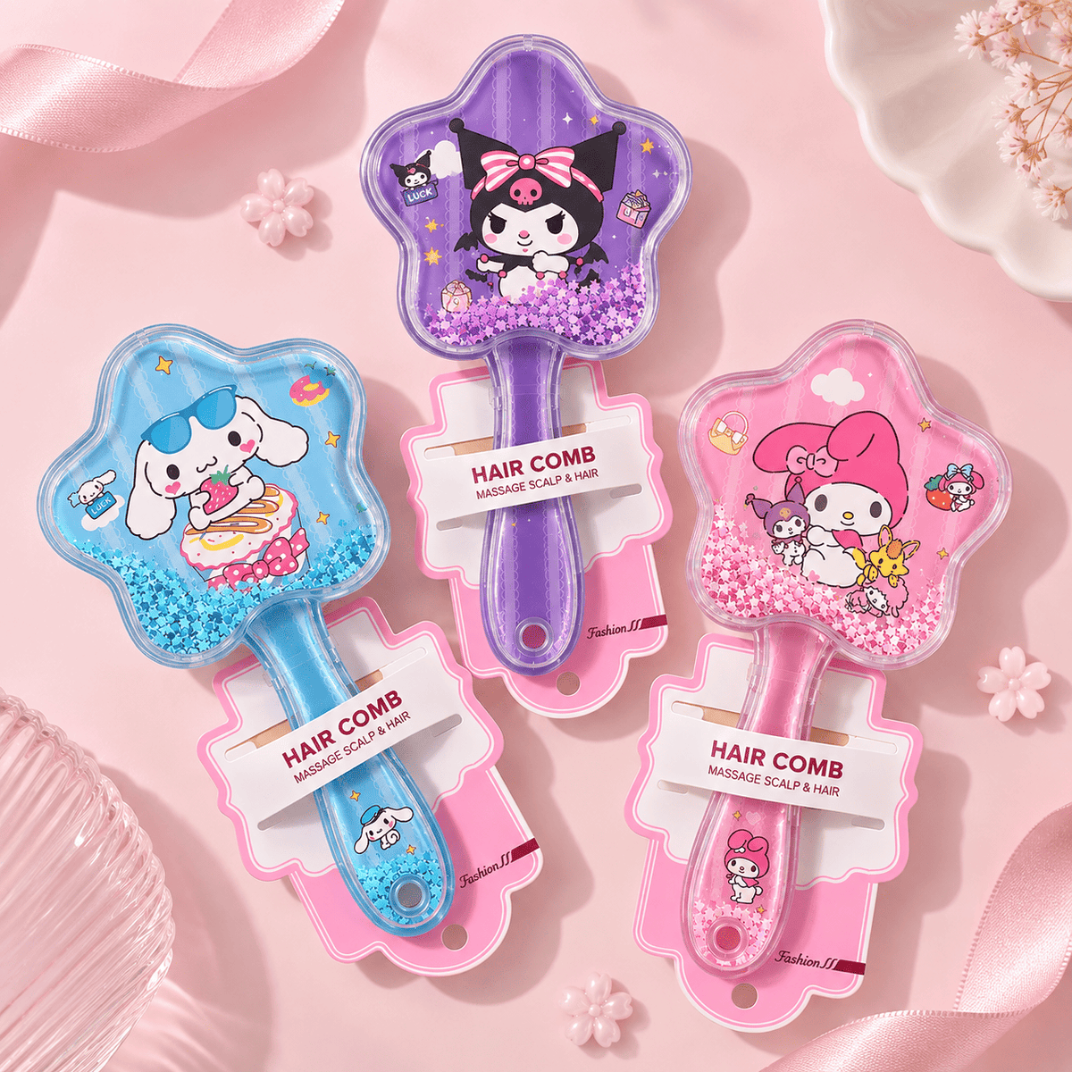 Kuromi Glitter Star Hair Comb & Scalp Massager | Cute Cartoon Detangling Hair Brush for Girls & Kids