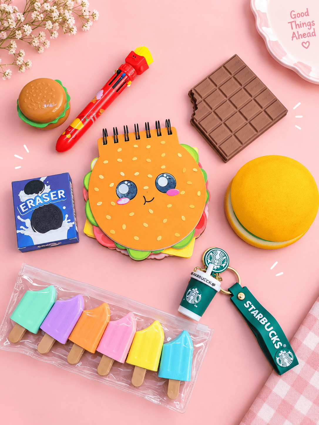 Kawaii Food Theme Stationery Gift Box | Cute Burger Notebook, Popsicle Erasers, Multicolor Pen, Chocolate Eraser & Novelty Keychain Set