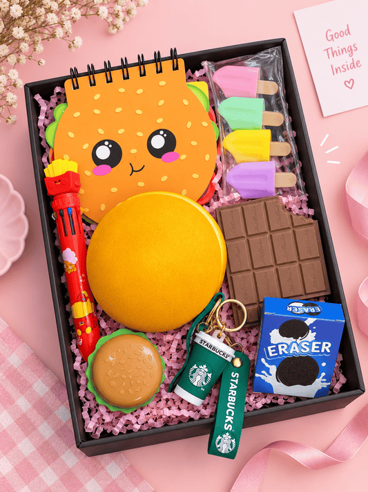 Kawaii Food Theme Stationery Gift Box | Cute Burger Notebook, Popsicle Erasers, Multicolor Pen, Chocolate Eraser & Novelty Keychain Set