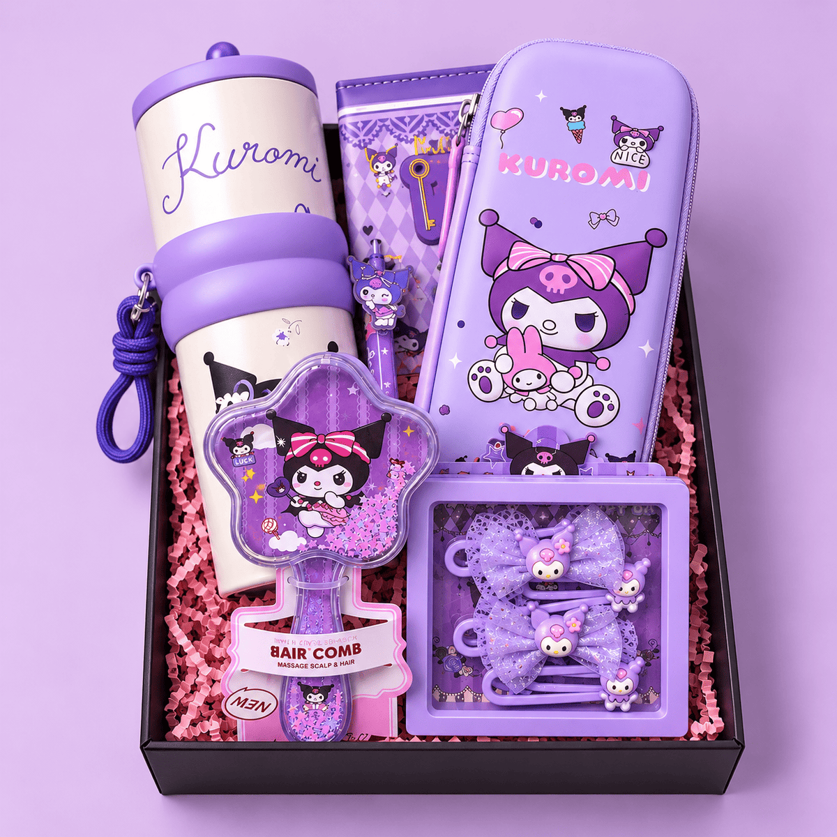 Kuromi Stationery Gift Set | Cute Purple Pencil Pouch, Notebook, Tumbler, Hair Comb & Hair Clips Combo