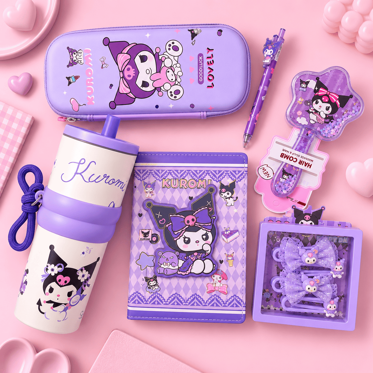 Kuromi Stationery Gift Set | Cute Purple Pencil Pouch, Notebook, Tumbler, Hair Comb & Hair Clips Combo
