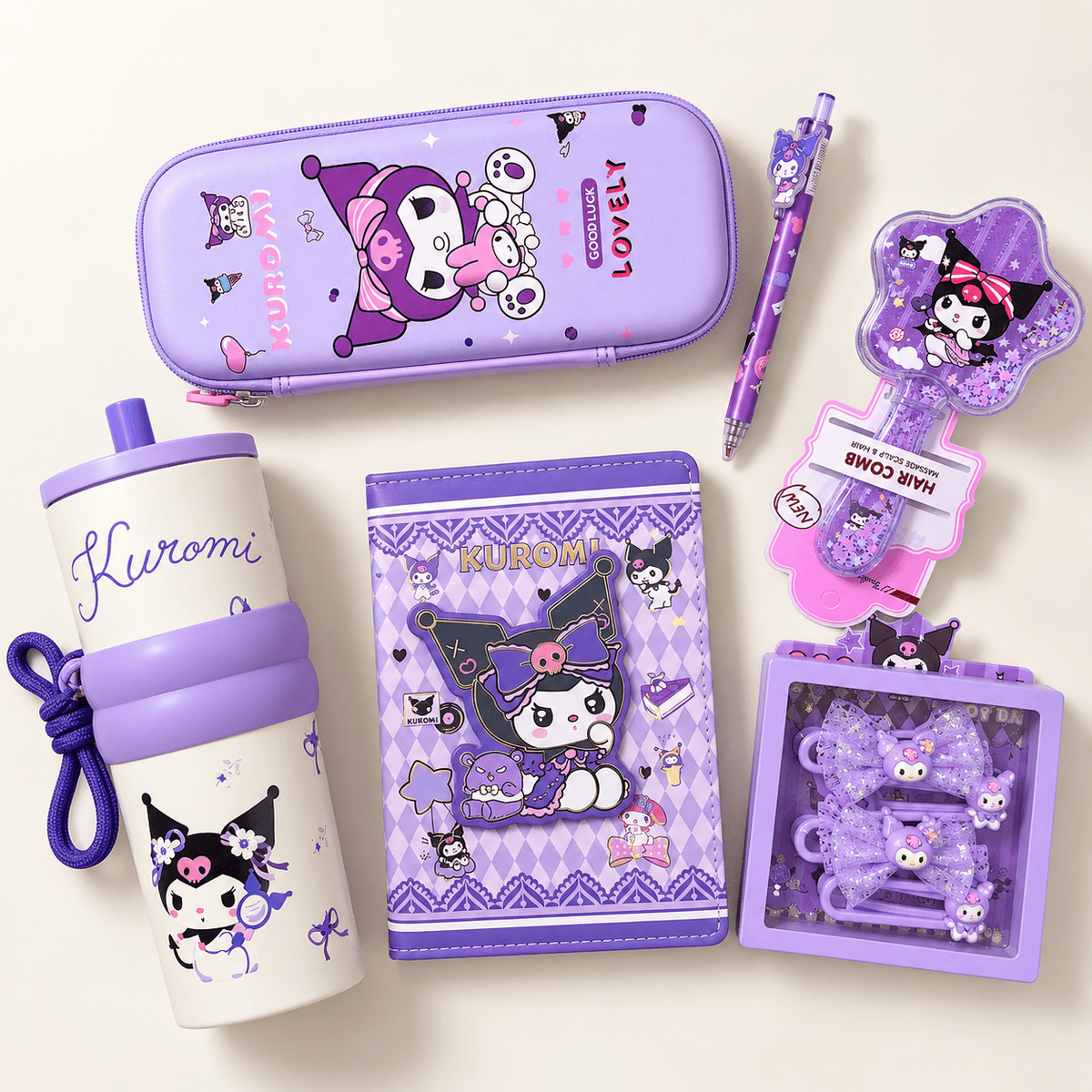 Kuromi Stationery Gift Set | Cute Purple Pencil Pouch, Notebook, Tumbler, Hair Comb & Hair Clips Combo