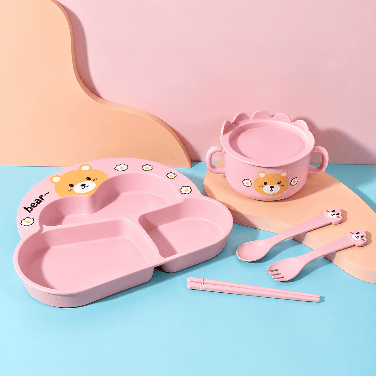 Toddler Plate and Bowl Set Cutlery Cup and Plate Divided Baby Dinner Plate Bamboo Kids Food Plate Microwave Dishwasher Safe Cute Bear Shaped Cartoon Self Feeding Plate for Kids