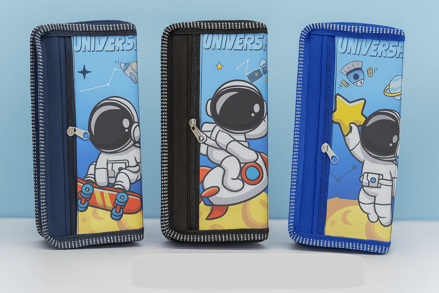 Kids Space Theme Pencil Case | Double Zipper Astronaut Pencil Pouch for School