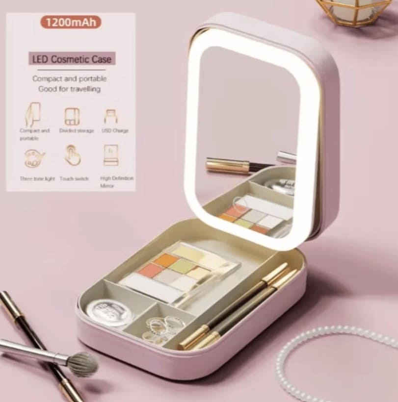 Portable Makeup Storage Box with LED Light Mirror – Travel Cosmetic Organizer with 3 Light Modes