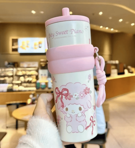 Cute Sanrio Stainless Steel Water Bottle with Straw | Hello Kitty, Kuromi & Cinnamoroll Sipper Bottle with Handle | Kids Water Bottle