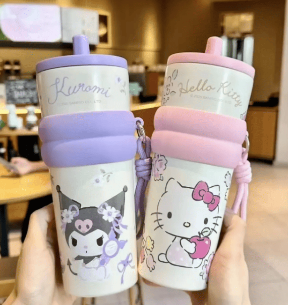 Cute Sanrio Stainless Steel Water Bottle with Straw | Hello Kitty, Kuromi & Cinnamoroll Sipper Bottle with Handle | Kids Water Bottle