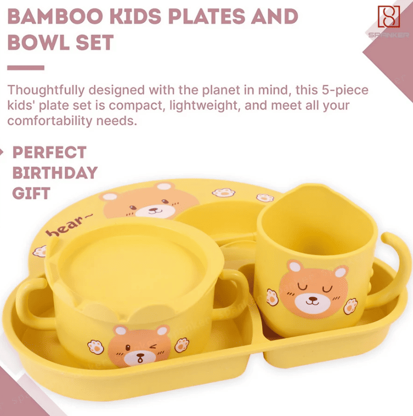 Toddler Plate and Bowl Set Cutlery Cup and Plate Divided Baby Dinner Plate Bamboo Kids Food Plate Microwave Dishwasher Safe Cute Bear Shaped Cartoon Self Feeding Plate for Kids